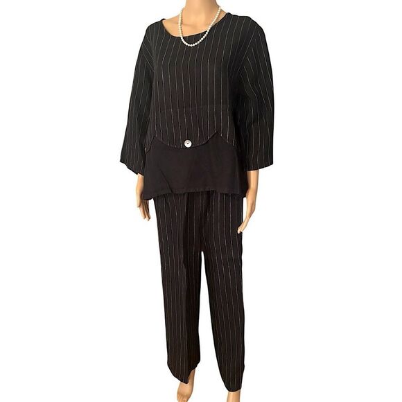 Cottage Clothing Inc Women’s Size Large 100% Linen Striped Black Pants and Top - Picture 1 of 16